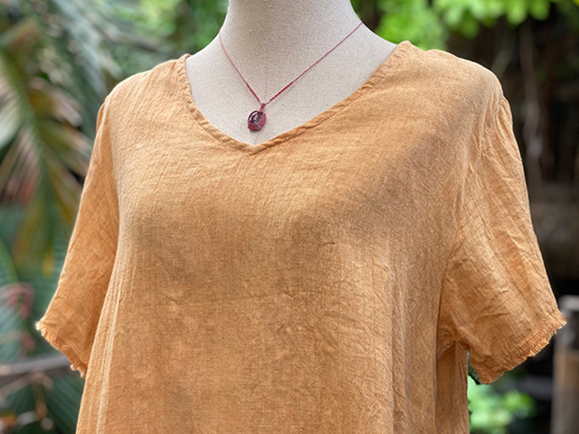 asana 麻100% ゆったり フリンジ Vネック Tee・草木染め
