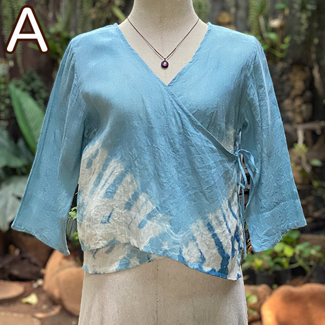 asana 麻100% ショート カシュクール カーディガン・インディゴ絞り染め 斜めボーダー模様