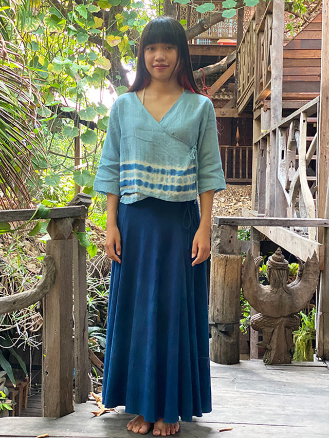 asana 麻100% ショート カシュクール カーディガン・インディゴ