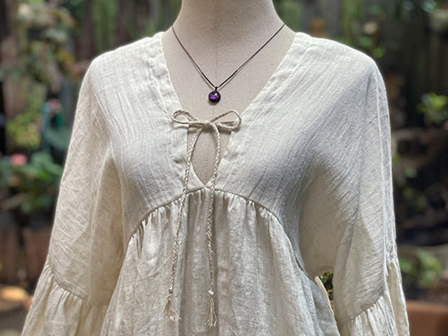 asana 麻100% ガーゼ 三つ編み ギャザー ブラウス・きなり