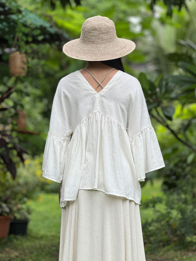 美品✨Gauze# ガーゼ ラミーリネン 長袖ブラウス 麻100% ギャザー 白 asana HEMP100% ガーゼ 三つ編み ギャザー ブラウス・きなり【パヤカ