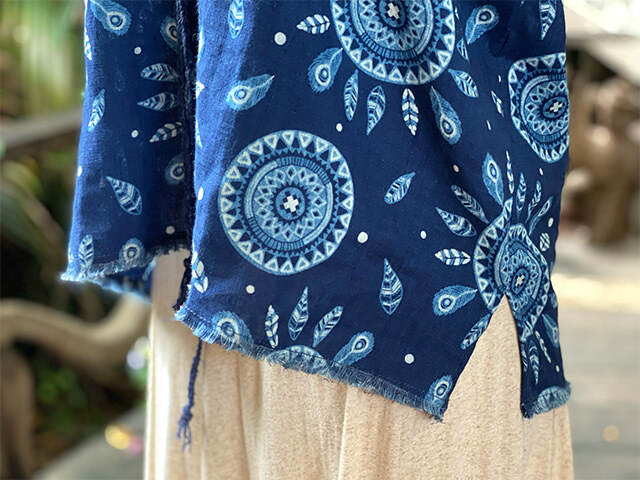 asana HEMP100% 薄手 インディゴ抜染プリント 紐付き タンクトップ