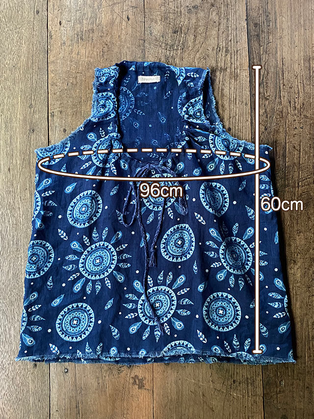 asana HEMP100% 薄手 インディゴ抜染プリント 紐付き タンクトップ