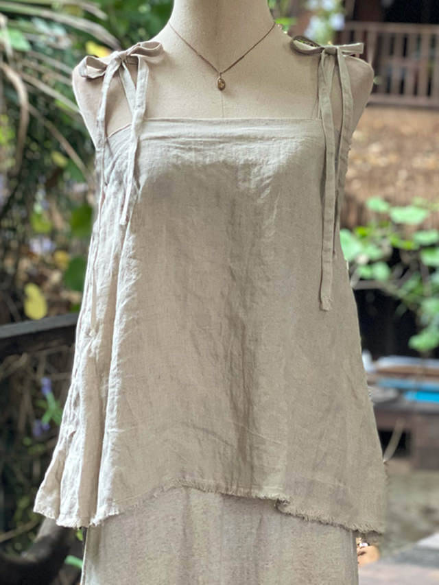 asana HEMP100% 薄手 ひらひら フリンジ キャミソール・きなり