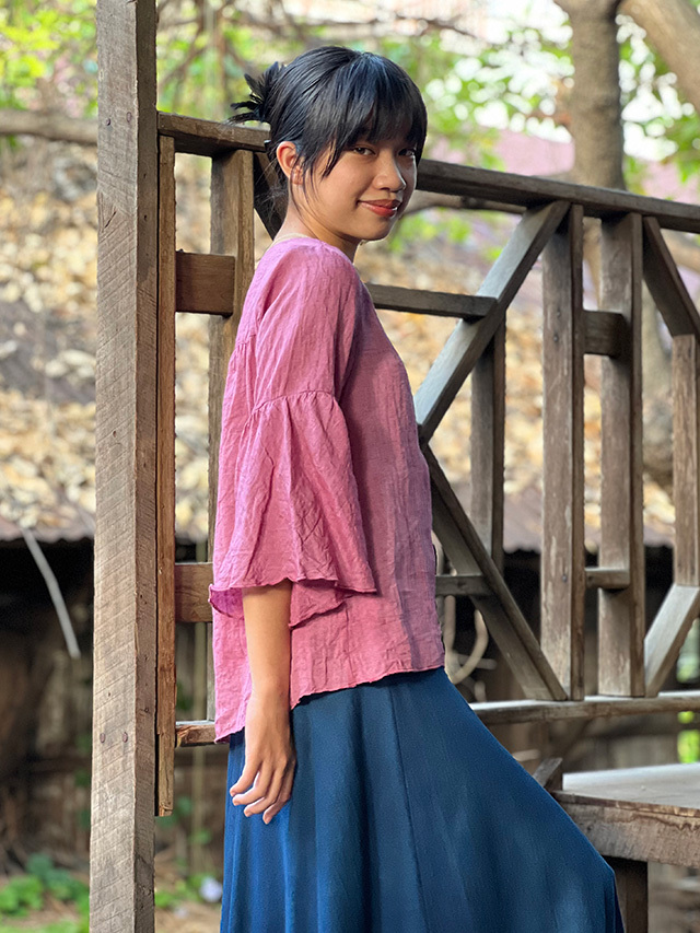 asana 麻100% ラグラン 七分袖 カットソー●草木染めピンク asana 麻100% ラグラン 七分袖 カットソー・草木染め【パヤカ