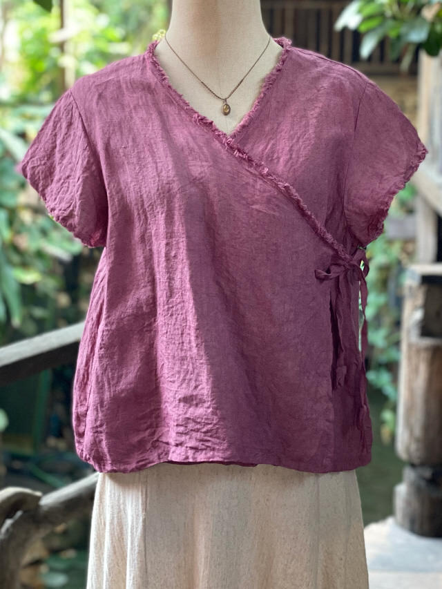 【SALE】asana カシュクール風 フレアースリーブトップ●草木染めディン asana ヘンプコットン 薄手 カシュクール風 フレアースリーブ