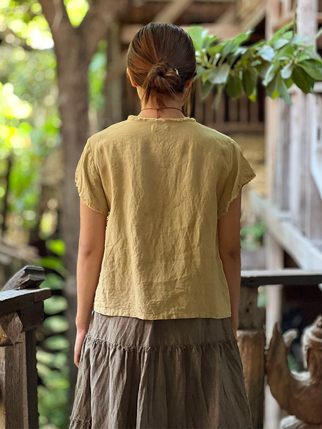 asana HEMP100% フリンジ カシュクール ブラウス・草木染め