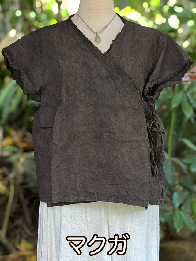 asana HEMP100% フリンジ カシュクール ブラウス・草木染め