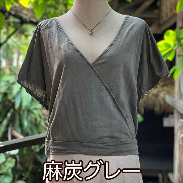 パヤカ　ヘンプ100％テロテロ切り替えブラウス　草木染め　カーキ asana HEMP100% テロテロ 切り替え カットソー・草木染め