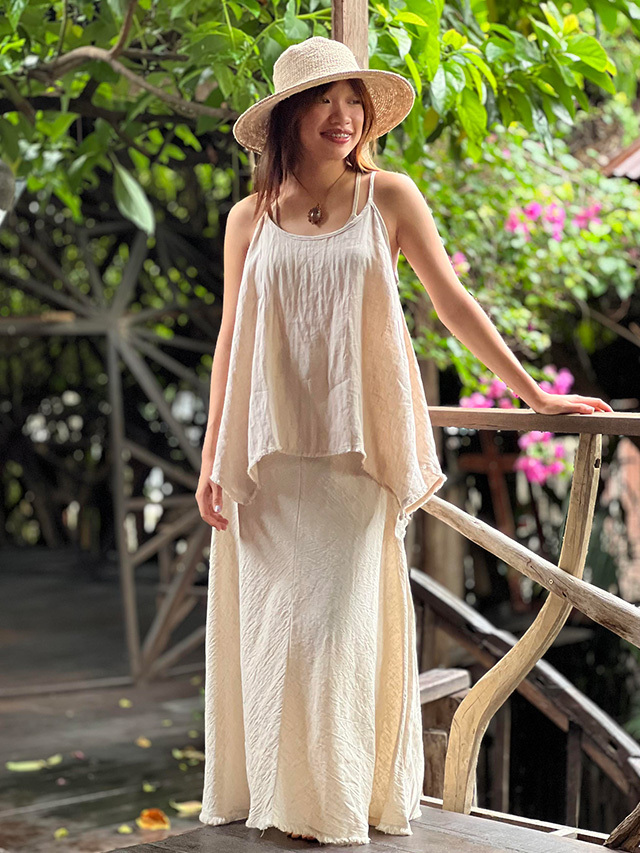 チナツアオヤマ　キャミソール asana 麻100% フリンジ ゆったり キャミソール・きなり【パヤカ