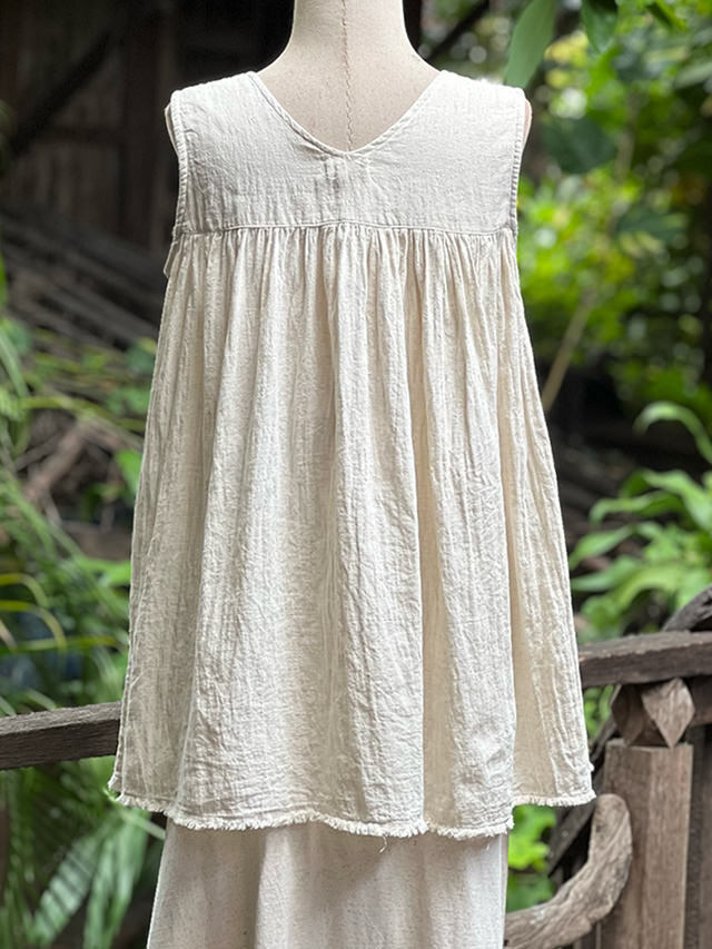 asana 麻100％ 薄手 NEW ノースリーブ ロング ブラウス・きなり