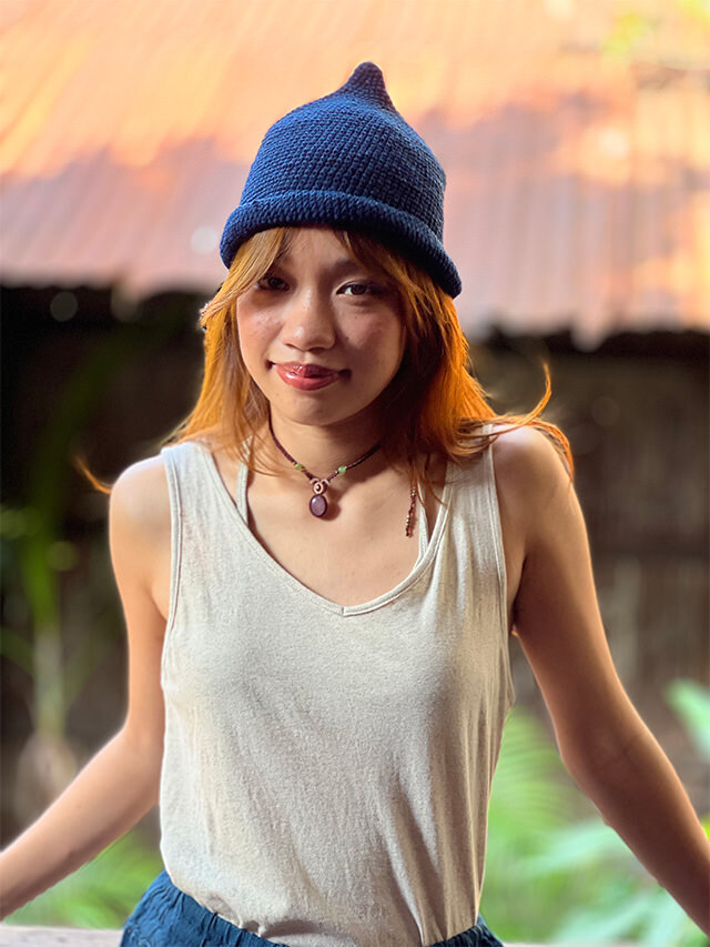 asana HEMP100% 手編み とんがり帽子・インディゴ草木染め