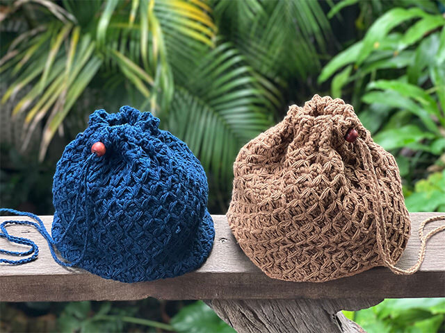 asana HEMP100% ハニカム 手編み 巾着袋・草木染め