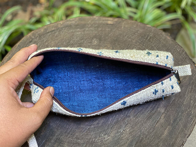 HEMP100% 手織り インディゴ ドット 小物入れ・草木染め