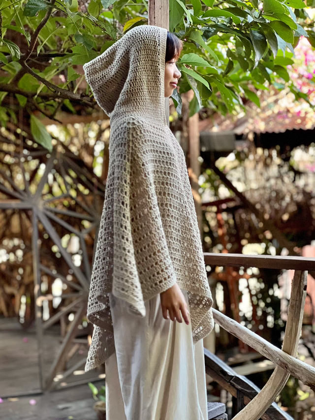 HEMP100% 手編み フード付き ポンチョ (1点もの)【パヤカ オンライン