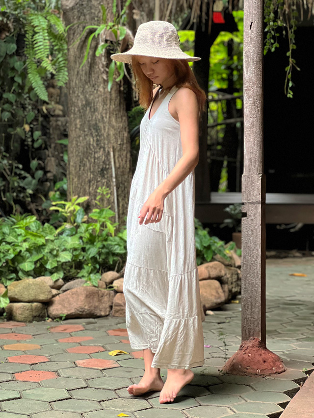 ツナクラネワンピース asana x chewin'bacco ヘンプコットン 薄手 切り替え ギャザー