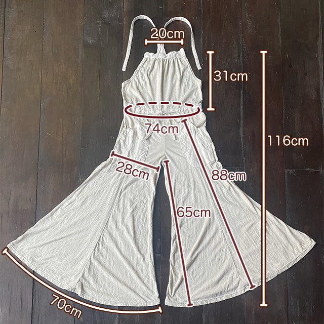 asana x chewin'bacco ヘンプコットン 薄手 フレアー バギー オーバーオール・きなり