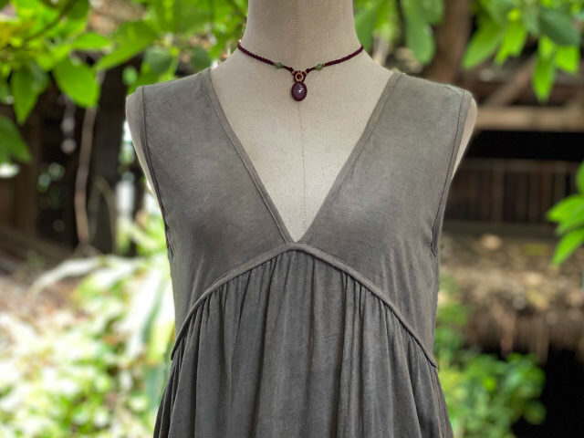 asana x chewin'bacco ヘンプコットン 薄手 ギャザー 切り替え ロング ワンピース・草木染め