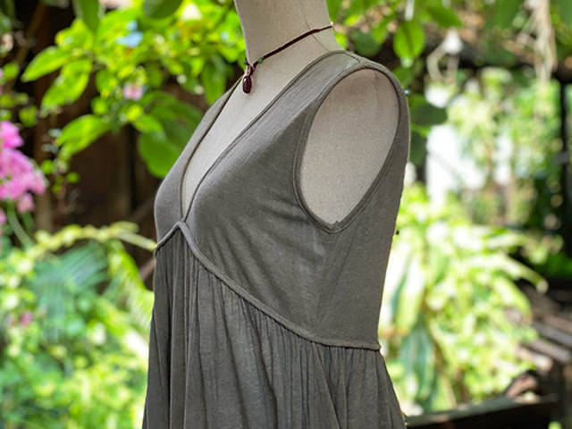 asana x chewin'bacco ヘンプコットン 薄手 ギャザー 切り替え ロング ワンピース・草木染め