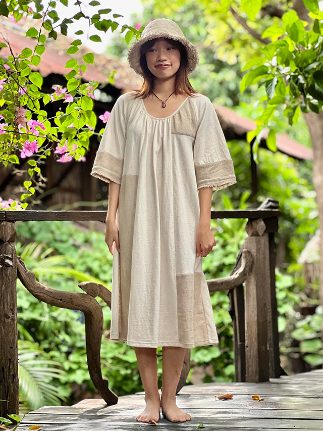 asana x chewin'bacco ヘンプコットン 厚手 パッチワーク ワンピース