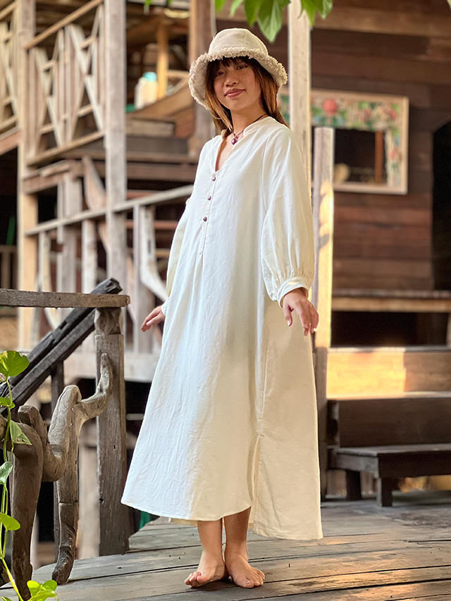 ババグーリ ヘンプコットン 平織ロングベスト ワンピース 現行 水色 Liberty Print Waist String Dress | Pasand by ne Quittez pas