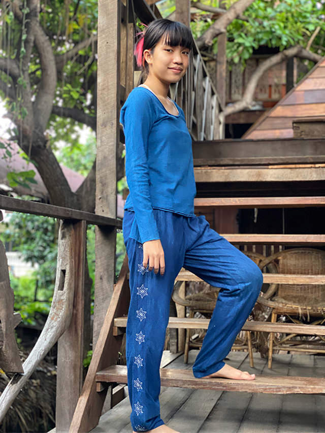 asana ヘンプコットン 麻柄刺し子 ジャージ パンツ・草木染め【パヤカ  