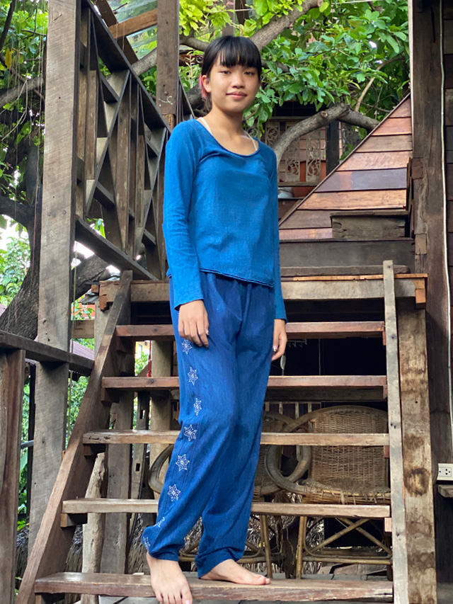 asana ヘンプコットン 麻柄刺し子 ジャージ パンツ・草木染め【パヤカ  