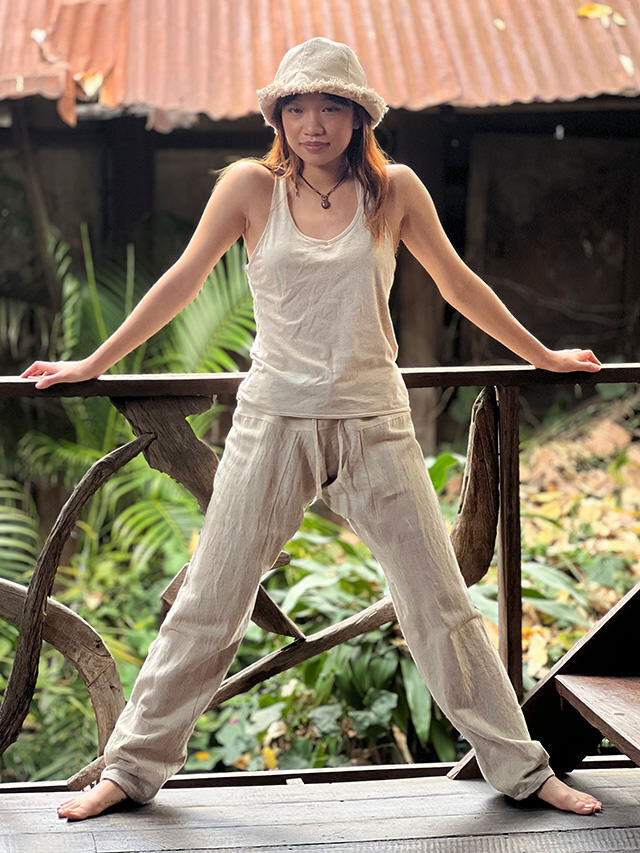 asana HEMP100% デニム風 フリンジ パンツ●きなり asana HEMP100% デニム風 フリンジ パンツ・きなり【パヤカ