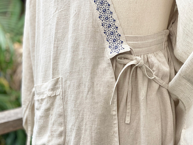 asana HEMP100% テロテロ 麻柄手刺繍 作務衣