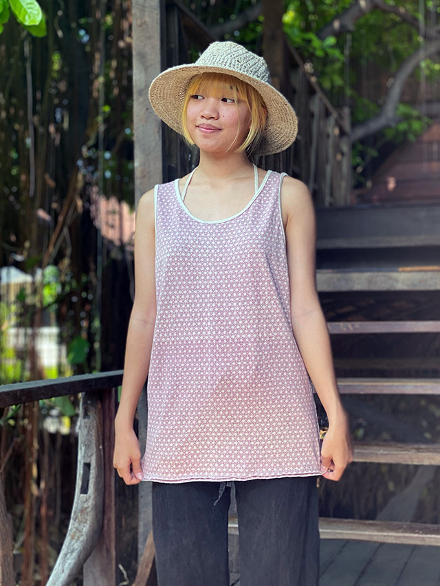 asana ヘンプコットン 厚手 麻柄プリント メンズ タンクトップ