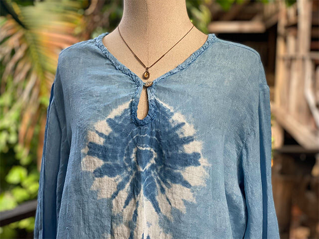 asana HEMP100% ガーゼ ゆったり ロングスリーブ・インディゴ絞り染め