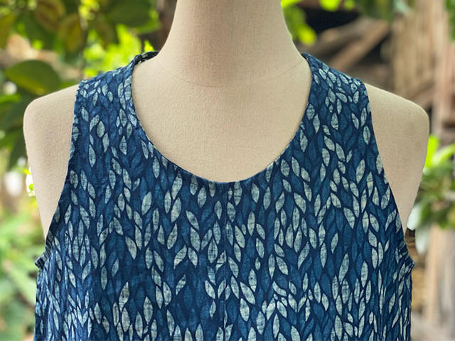 asana HEMP100% ガーゼ ポケットタンク・インディゴ抜染プリント