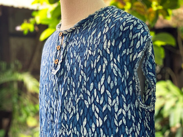 asana HEMP100% ガーゼ 縄文シャツ・インディゴ抜染プリント