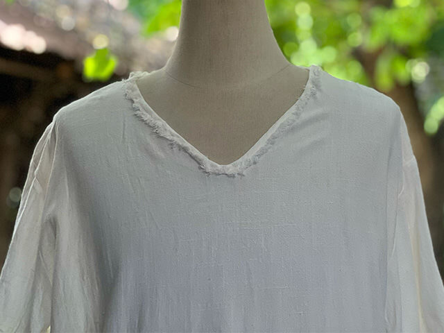 asana HEMP100% Vネック フリンジ シャツ・きなり