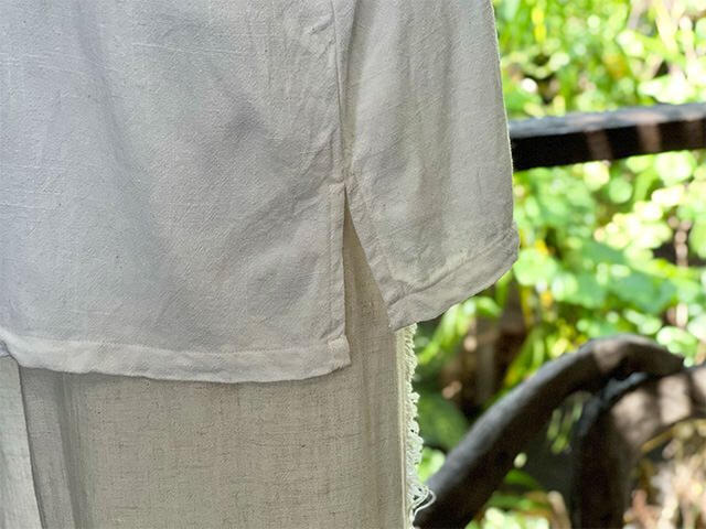 asana HEMP100% Vネック フリンジ シャツ・きなり