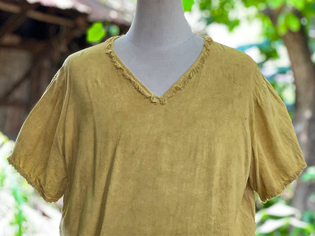 asana HEMP100% Vネック フリンジ シャツ・草木染め