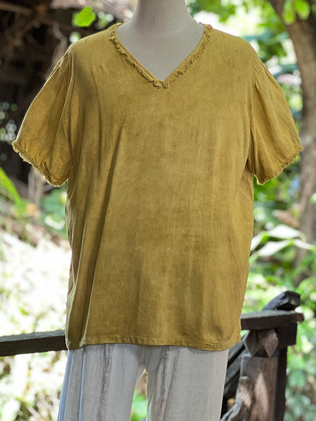 アマラリページ asana HEMP100% Vネック フリンジ シャツ・草木染め【パヤカ