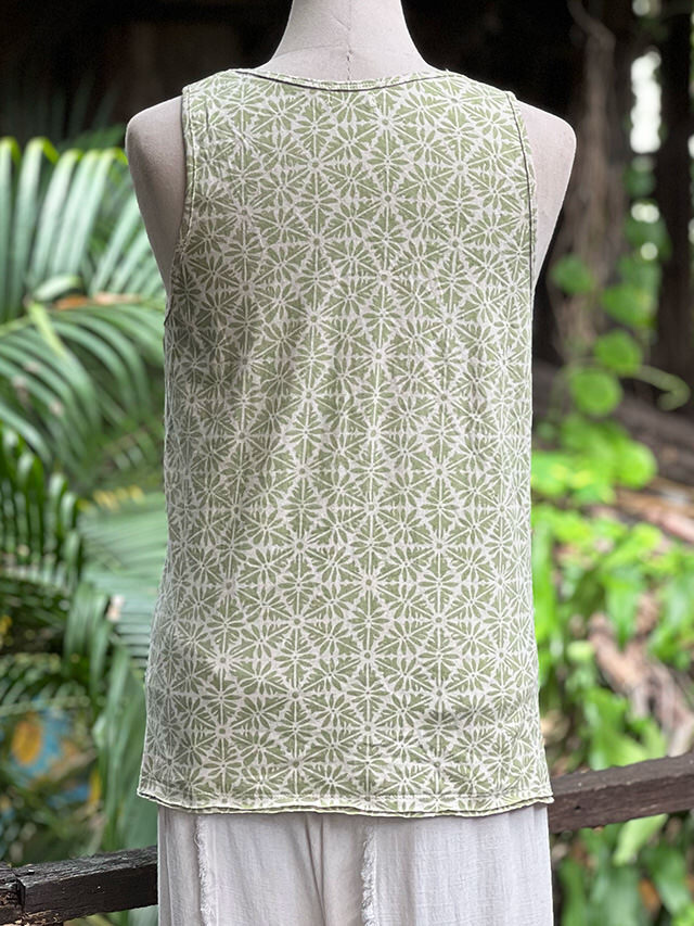 asana ヘンプコットン 厚手 手刷り 麻柄プリント メンズ タンクトップ