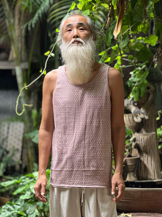 asana ヘンプコットン 厚手 手刷り 麻柄プリント メンズ タンクトップ