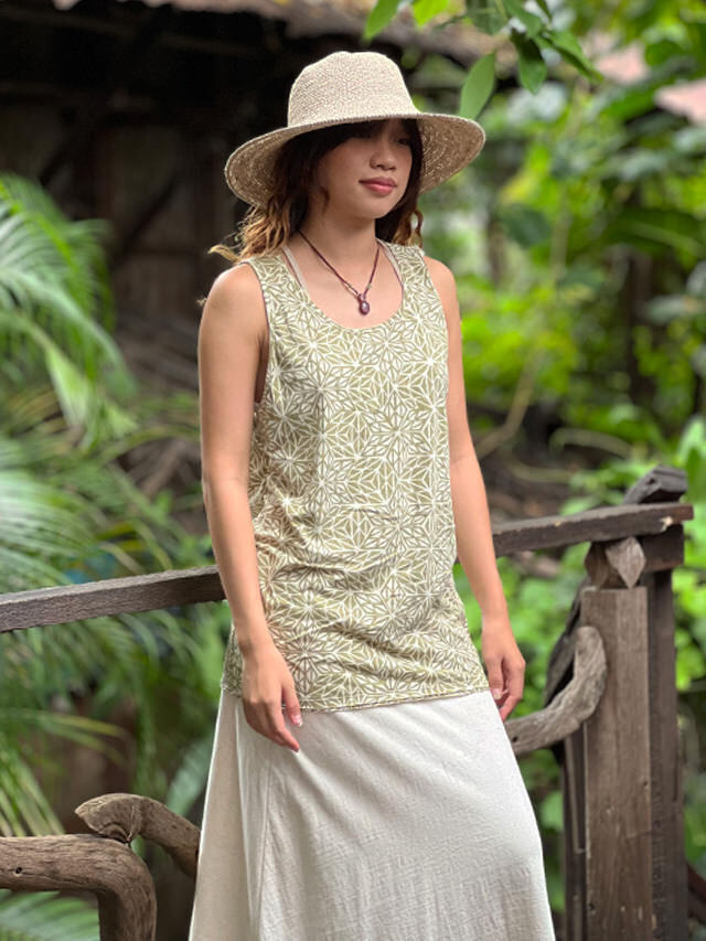 asana ヘンプコットン 薄手 手刷り 麻柄プリント メンズ タンクトップ