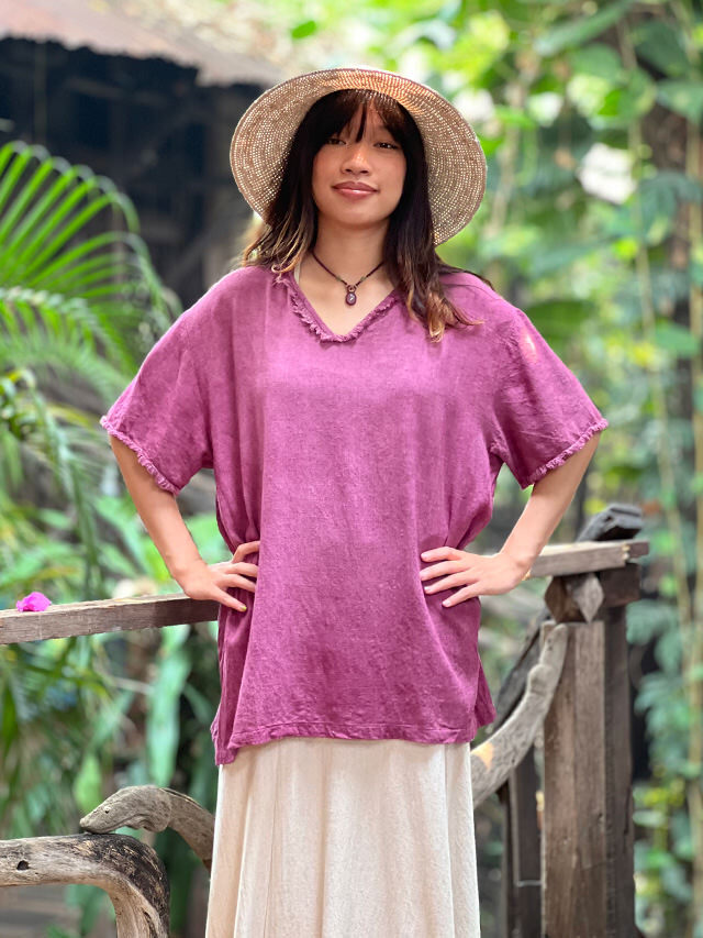 asana HEMP100% テロテロ Vネック フリンジ シャツ・草木染め【パヤカ