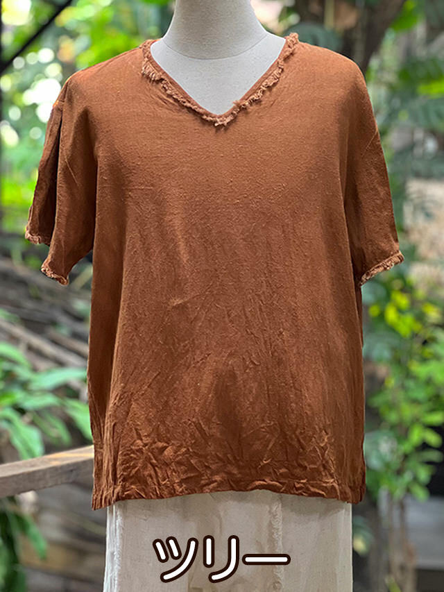 asana HEMP100% テロテロ Vネック フリンジ シャツ・草木染め【パヤカ