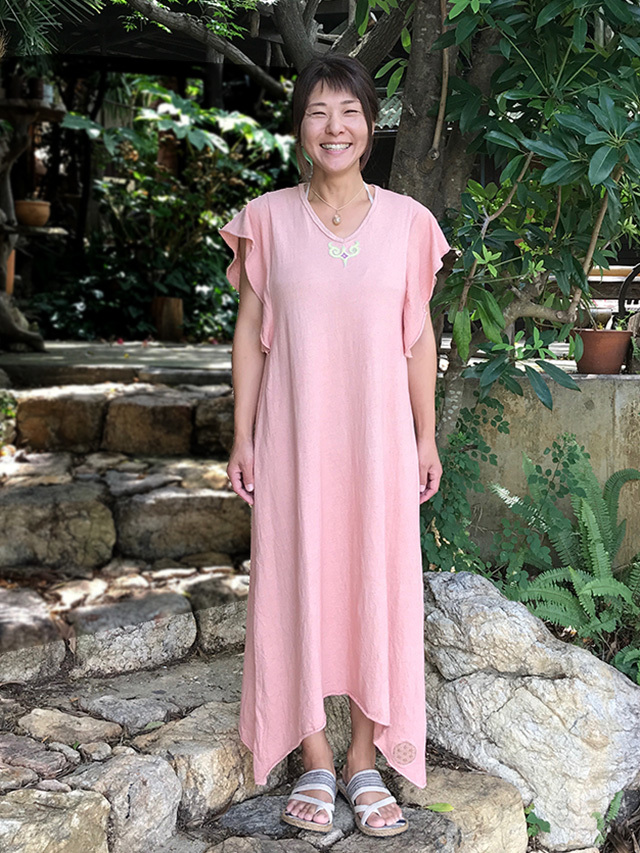 asana × OLie ヘンプコットン ひらひら ワンピース・アイヌ刺繍