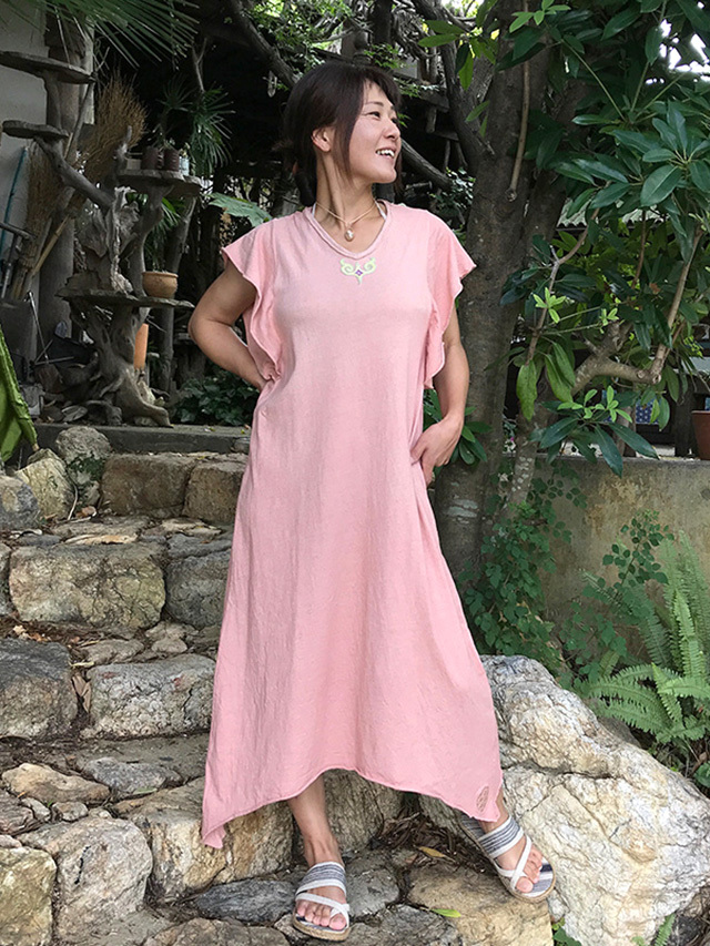 asana × OLie ヘンプコットン ひらひら ワンピース・アイヌ刺繍