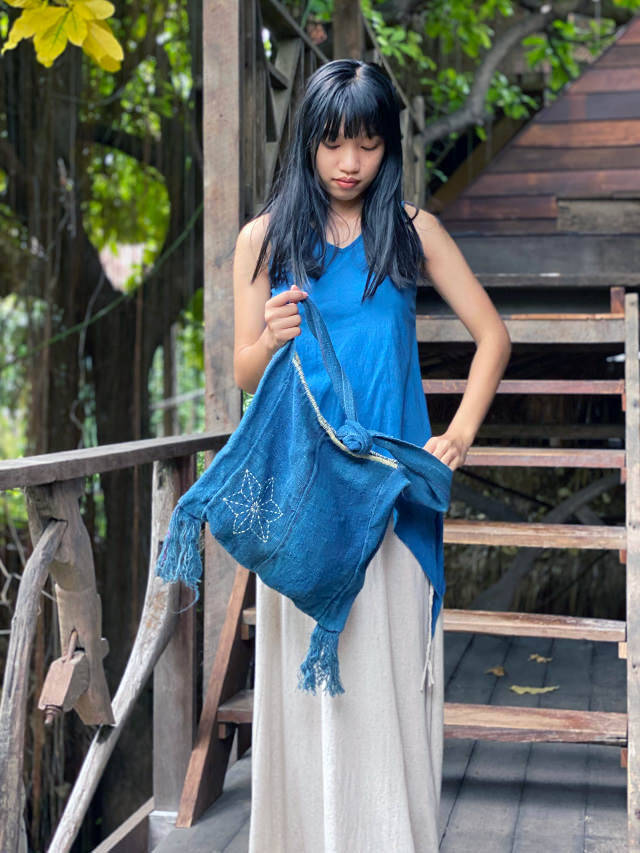 HEMP100% 麻柄手刺繍 手織り手縫い 縄文 ショルダーバッグ・草木染め 