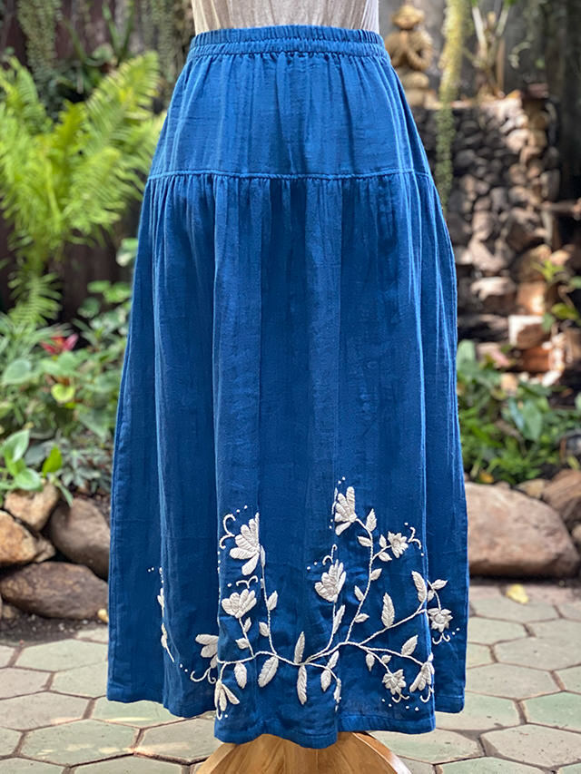 COTTON100% ダブルコットン 手刺繍 スカート・インディゴ草木染め  