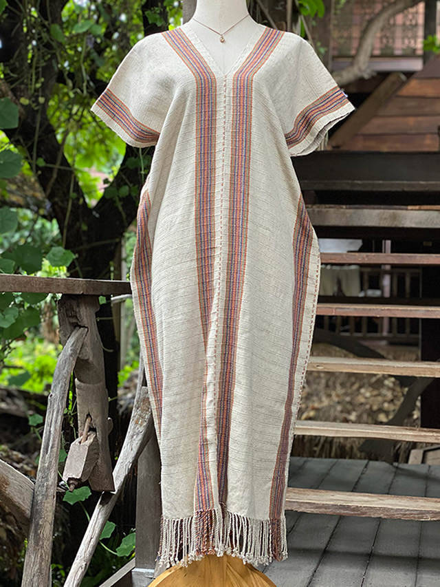 タイ ヤオ族 刺繍 ヘンプ ワンピース 貫頭衣 麻 新品未使用 hemp HEMP100% 手織り手縫い 貫頭衣 ストーンウォッシュ ワンピース