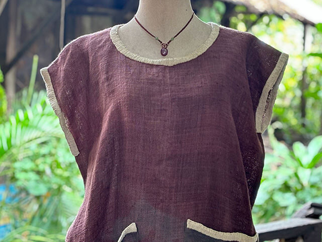 HEMP100% 手織り手刺繍 ワンピース・ブラウン (1点もの)【パヤカ