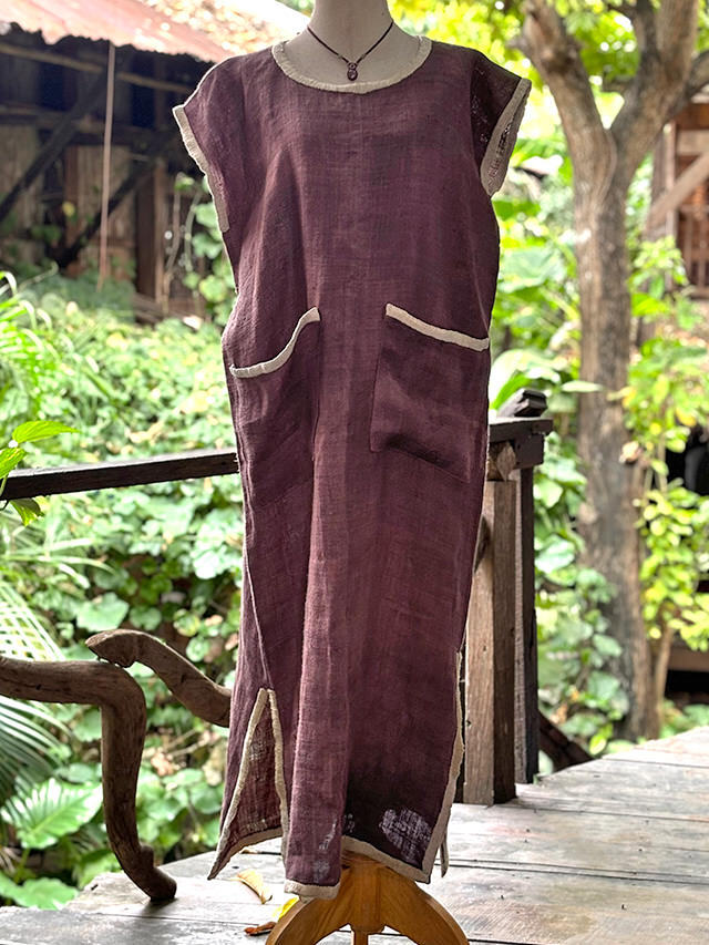 HEMP100% 手織り手刺繍 ワンピース・ブラウン (1点もの)【パヤカ