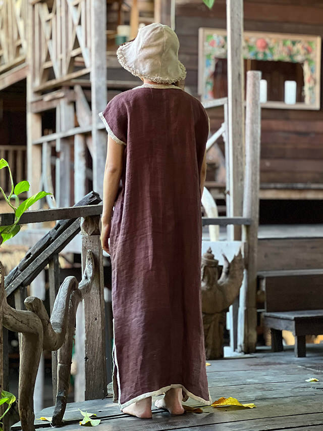 HEMP100% 手織り手刺繍 ワンピース・ブラウン (1点もの)【パヤカ